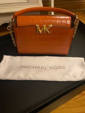 Michael Kors Orange Croc-Embossed Top Handle Satchel with Gold MK Accent
